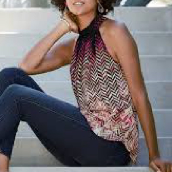 White House Black Market Black and Pink Chevron Blouse - Picture 2 of 15